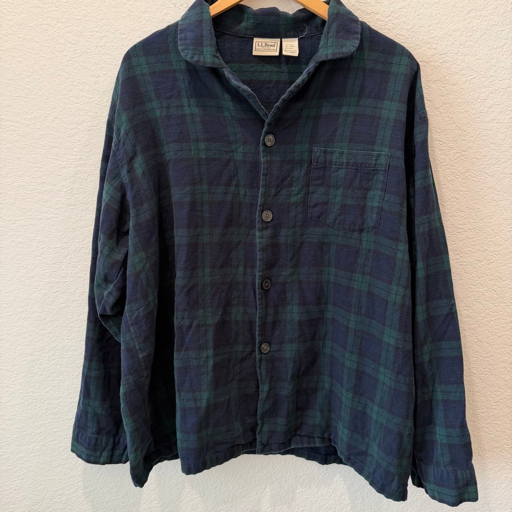LL Bean Mens Flannel Pajama Top XL Blue Green Black Watch Plaid Sleep Shirt